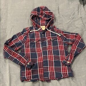 Hollister Navy and Burgundy Plaid Hoodie Button Shirt